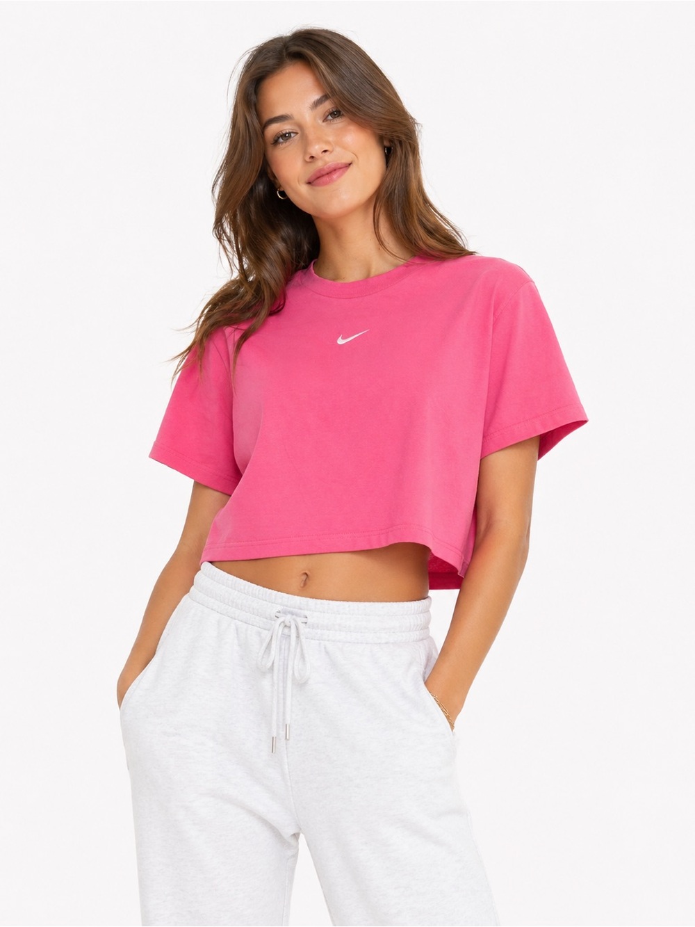 Nike Size Youth Large Loose Fit Cropped Short Sleeve Tee in Pink